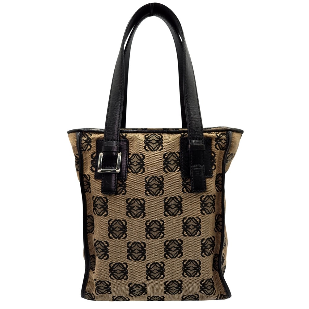 LOEWE Handbag Mini Tote Beige Black Logo Canvas Leather Trim Designer Purse